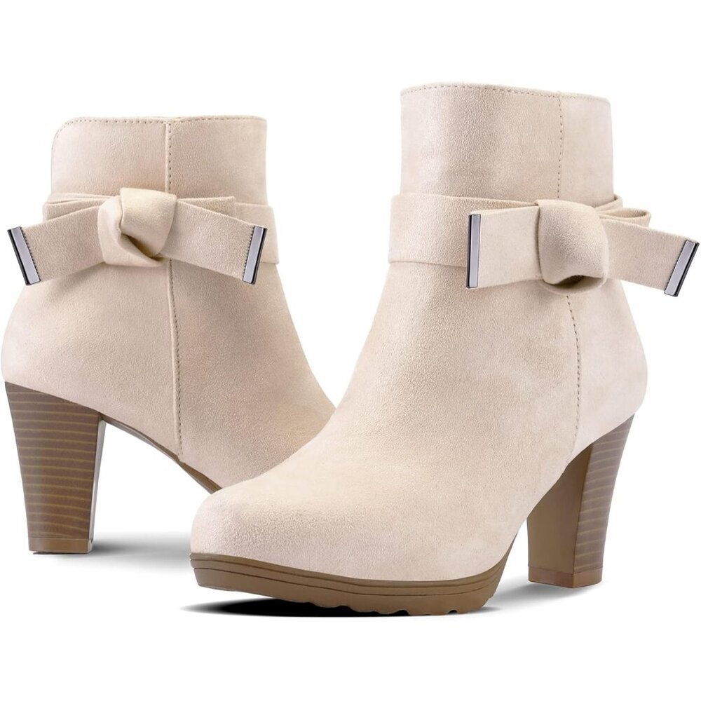 Women's Beige Bow Suede Booties Chunky Stacked Heel Zipper Ankle Boots - Picture 4 of 6